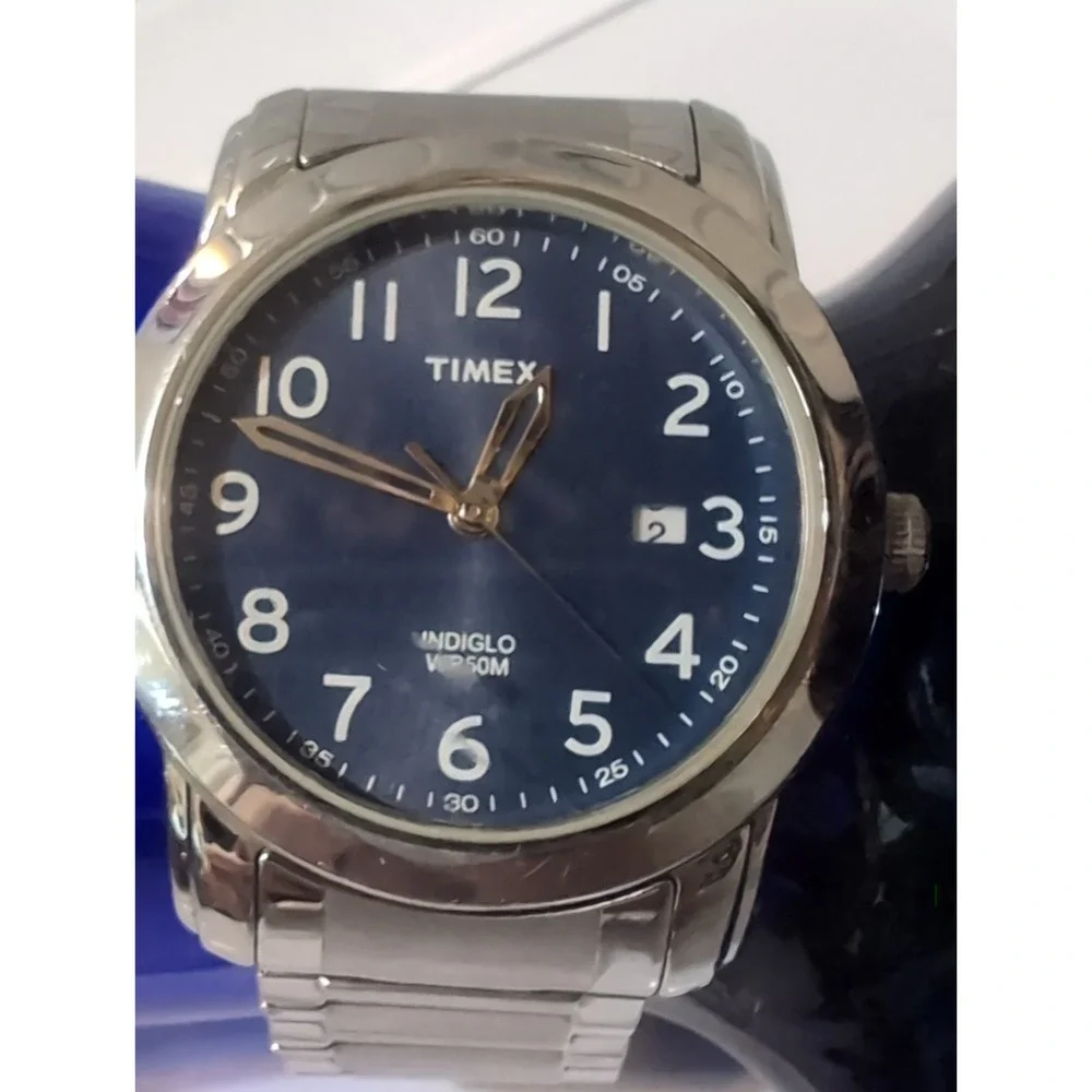 Timex Men's Quartz Watch Blue Arabic Dial Date Silver Stainless Bracelet Parts